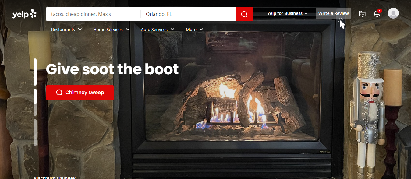 A screenshot of a yelp directory website with a fireplace and a nutcracker on it.