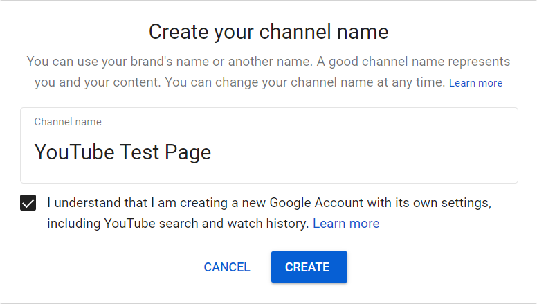 A screenshot of the create your channel name page on youtube.