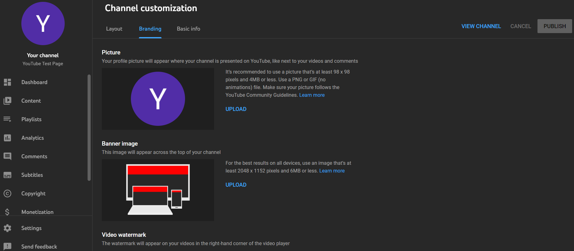 A screenshot of the youtube channel customization interface.