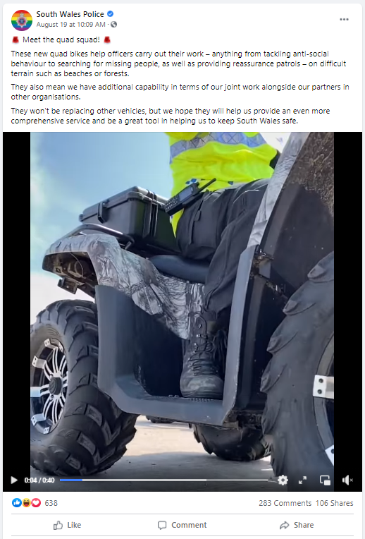 A person is riding a four wheeler on a facebook post.