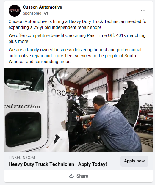 Cusson automotive is hiring a heavy duty truck technician needed for expanding a 29 year old independent repair shop.