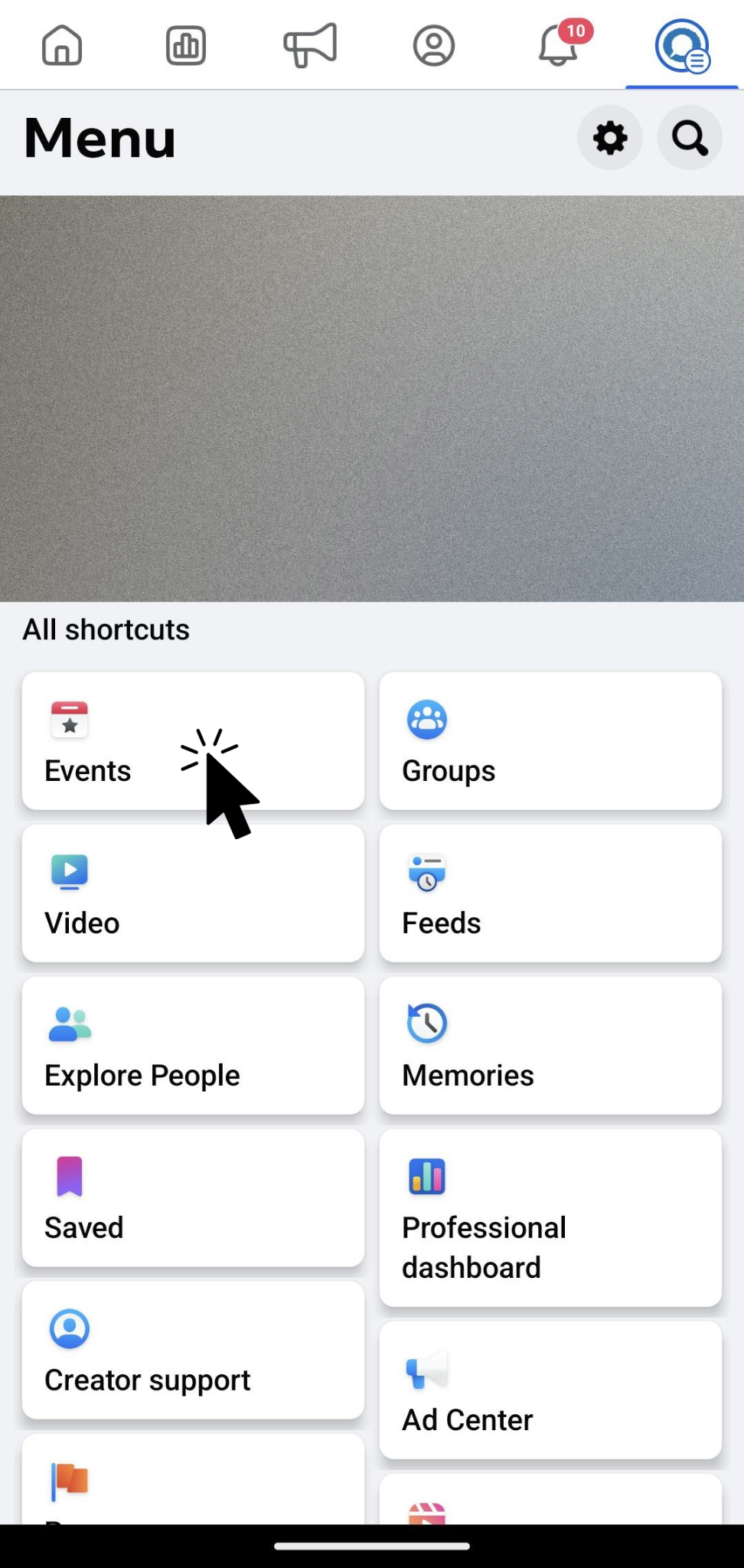 A screenshot of the facebook menu on a phone with a pointer about to click on events.