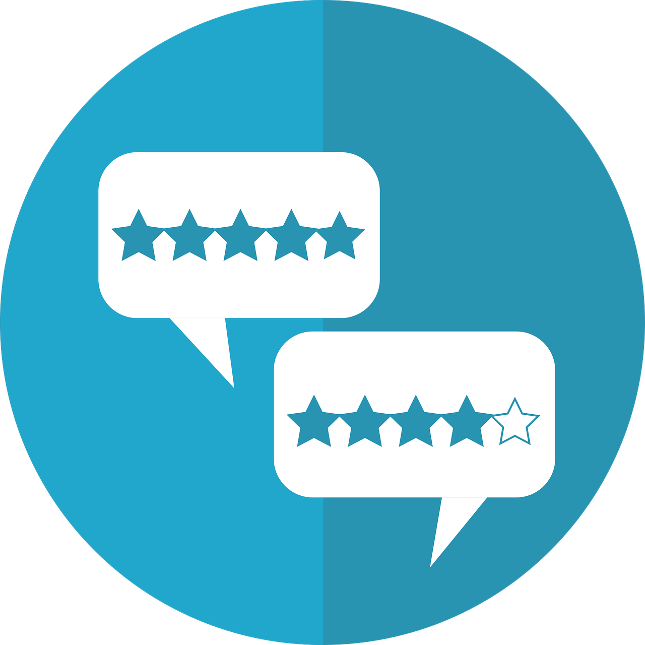 Two speech bubbles with stars on them in a blue circle representing positive reviews.