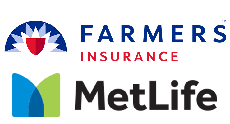 Logos for Farmers Insurance (blue, red) and MetLife (blue, green).