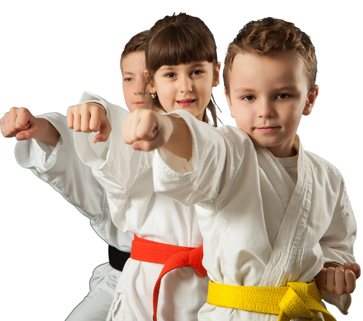 A boy and a girl are practicing karate together.