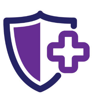 Purple shield with a plus sign, symbolizing health protection.