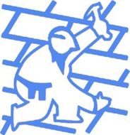 A blue drawing of a man standing on a ladder, Nigel Hayman Roofing Logo