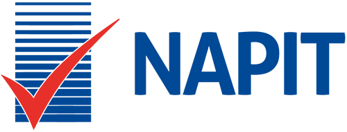 A blue and white logo for napit with a red check mark