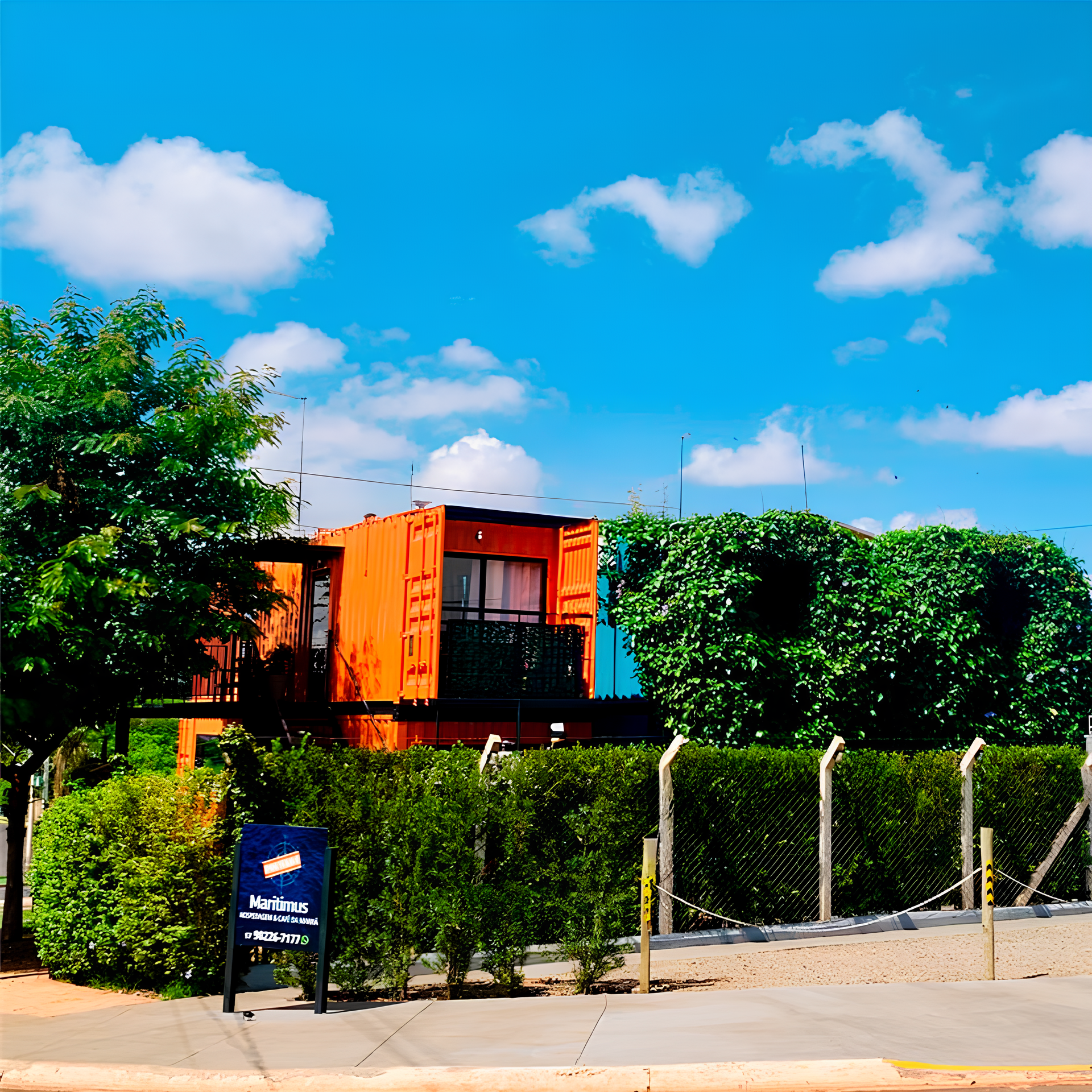 Prédio colorido feito de contêineres marítimos, com árvores, céu azul e uma placa de rua de sentido único.