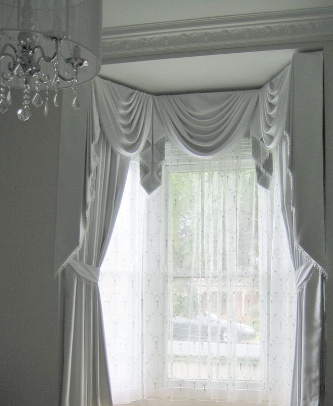 White Swags and Tails Curtain, Elegant Window Treatment by Luxaflex Gallery at Eureka Blinds & Curtains - Luxaflex Curtains In Ballarat