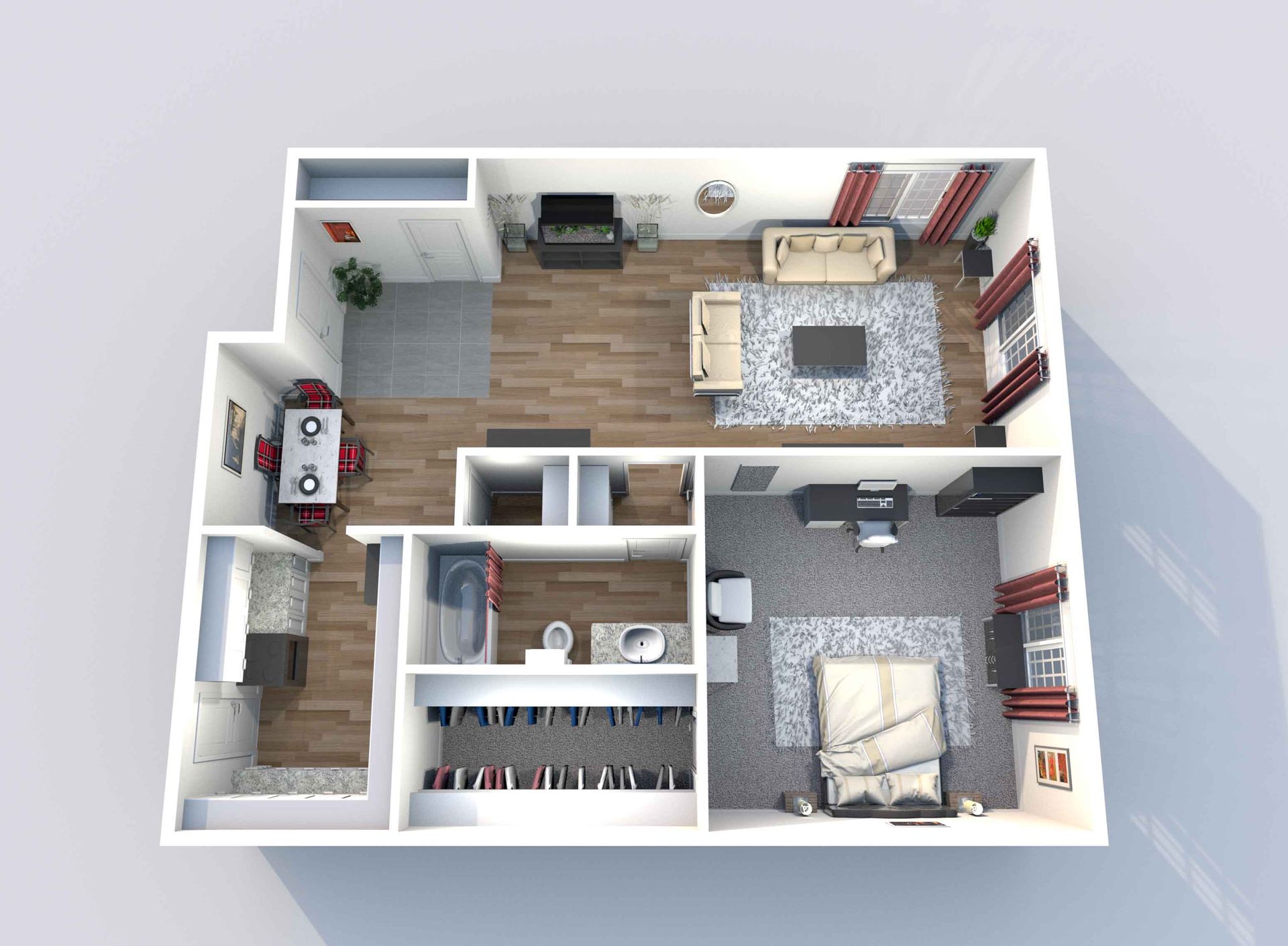 An aerial view of a floor plan of a house.