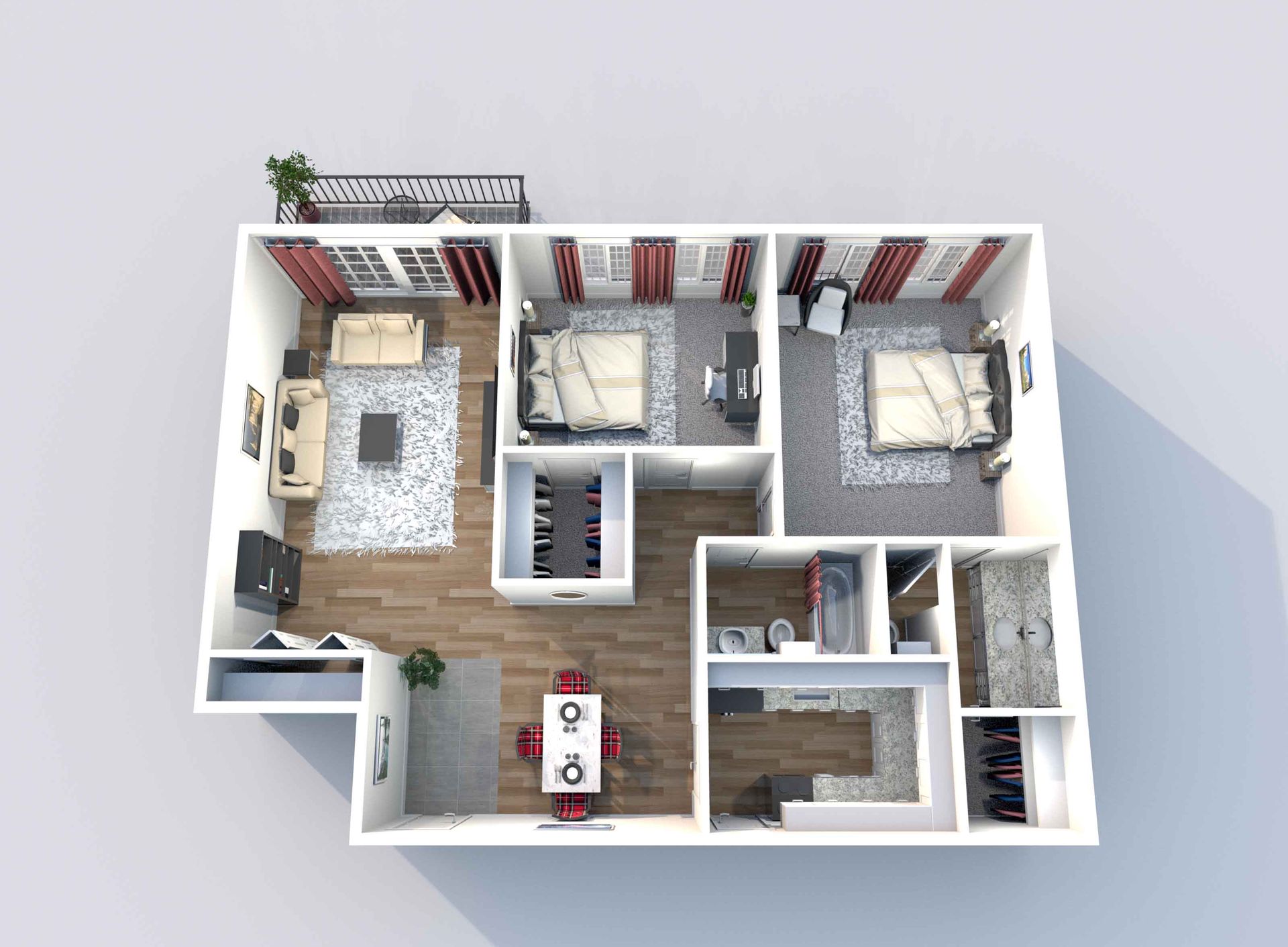 An aerial view of a 3d floor plan of a house.
