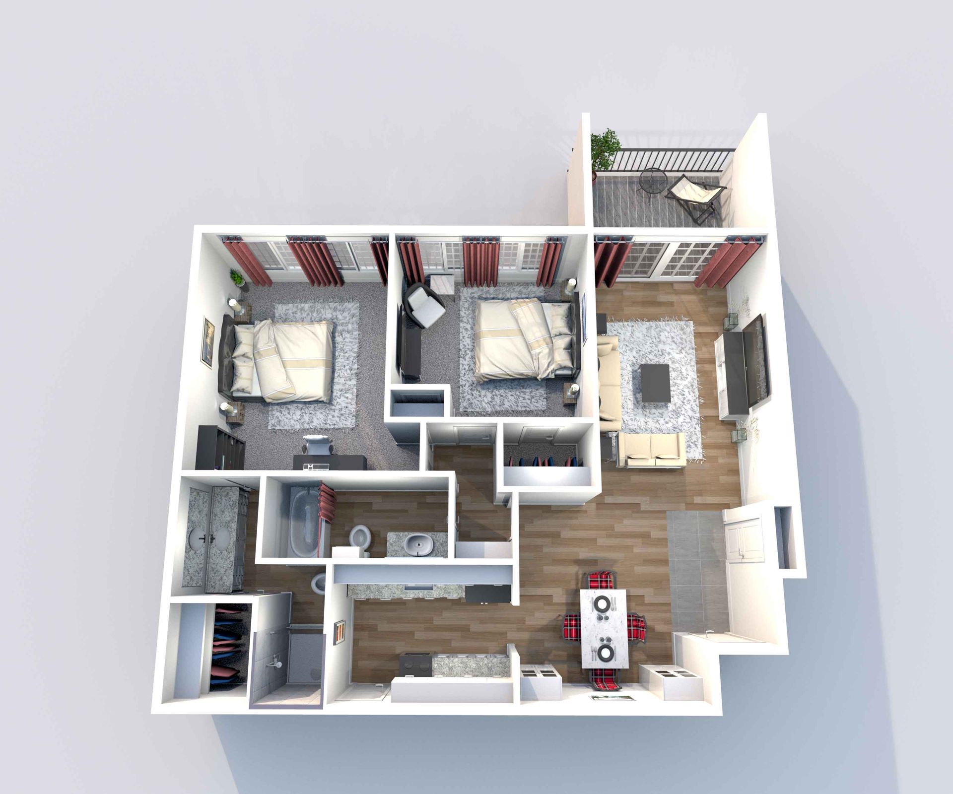 A 3d floor plan of a house with two bedrooms and a balcony.