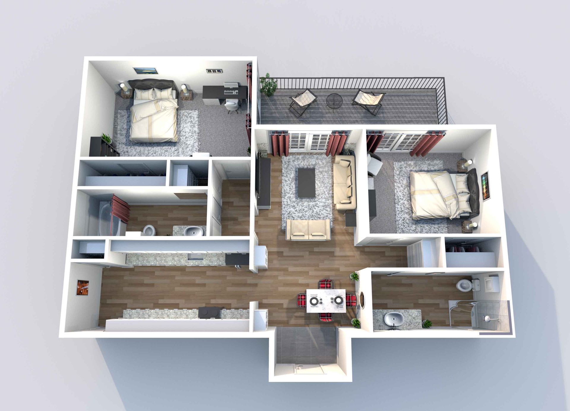 A 3d floor plan of a house with two bedrooms and a balcony.
