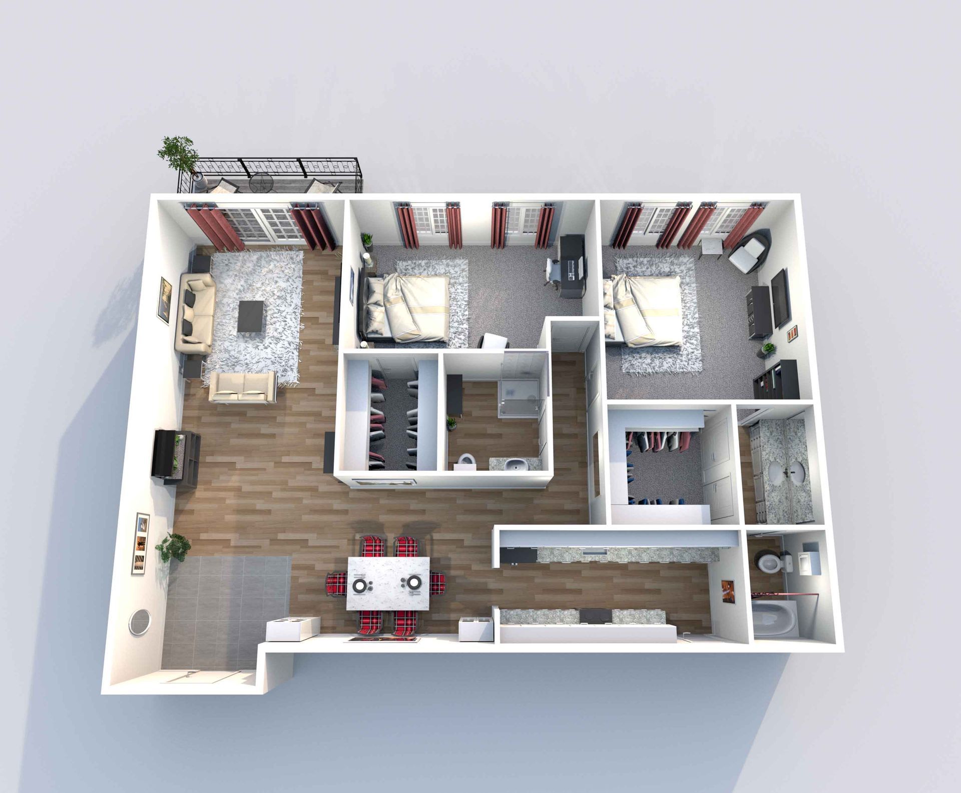 An aerial view of a 3d floor plan of a house.
