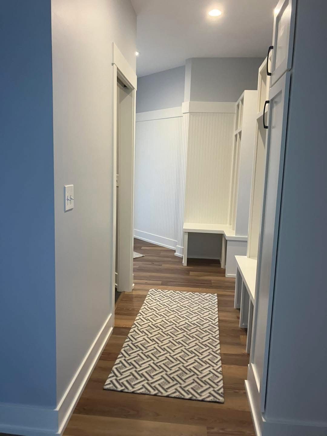 Narrow hallway with wood floor, white walls, built-in storage, and a patterned rug.