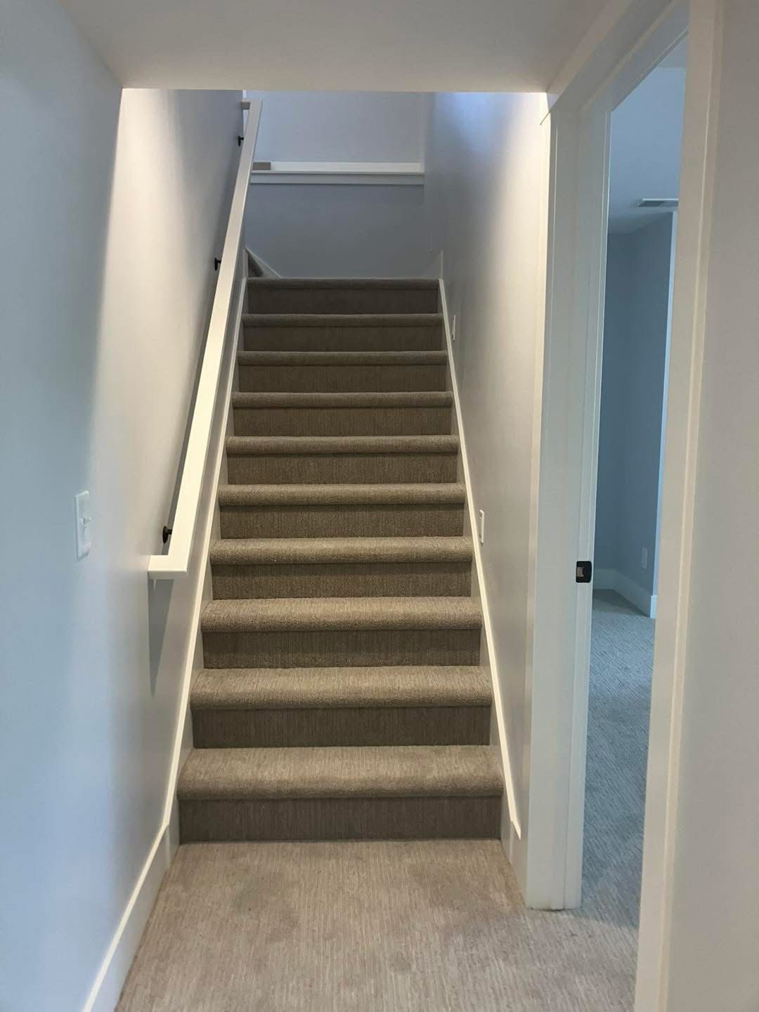 Staircase with carpeted steps and a white handrail. It is in a hallway.