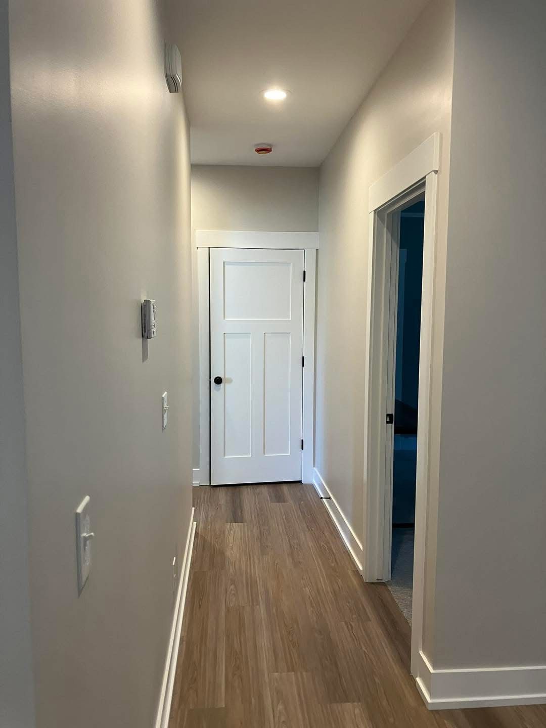 Narrow hallway with light gray walls, wood-look floor, white doors and trim.