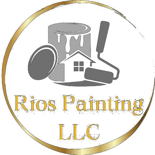 Logo for Rios Painting LLC: Paint can, house, and roller inside a gold circle.