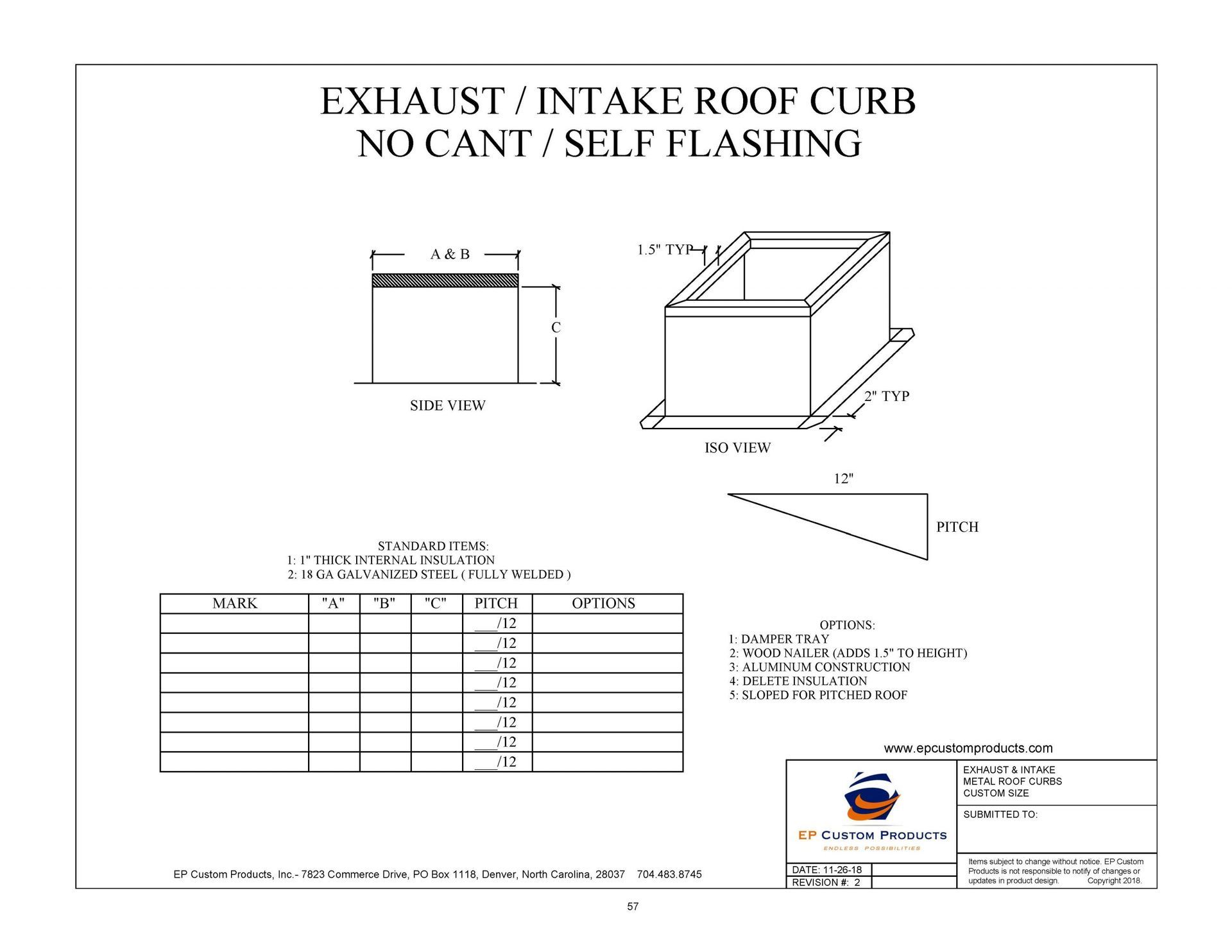 A black and white drawing of an exhaust / intake roof curb no cant / self flashing.