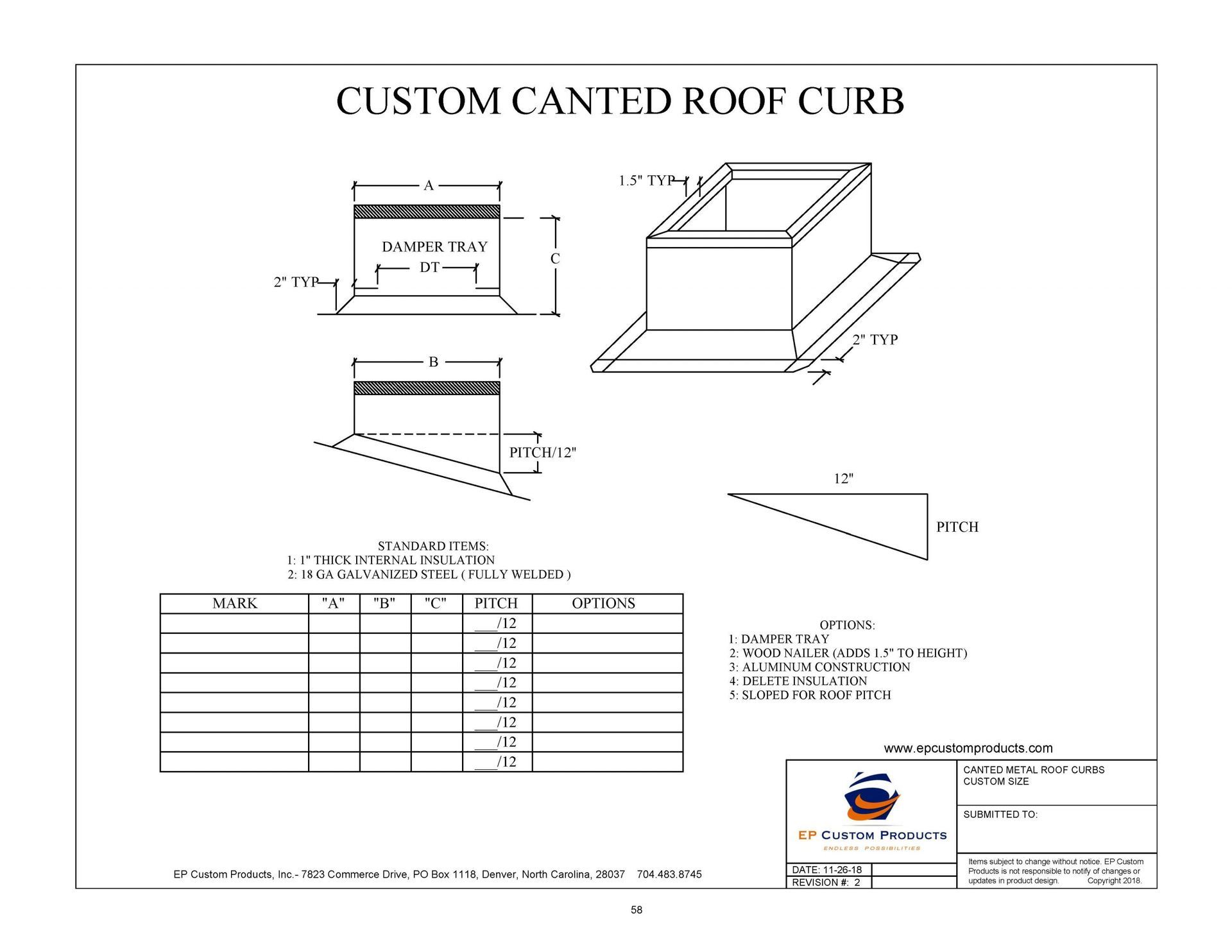 A black and white drawing of a custom canted roof curb.