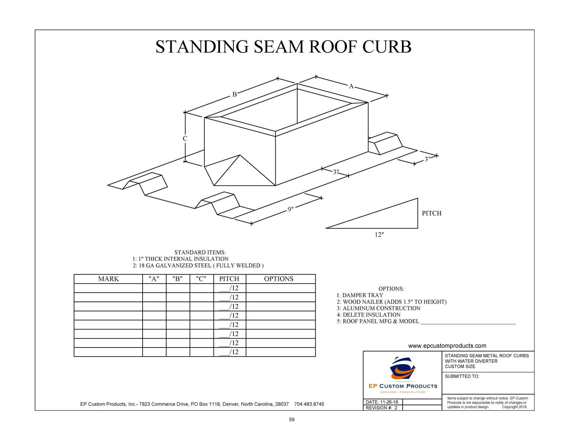 A drawing of a standing beam roof curb on a white background.
