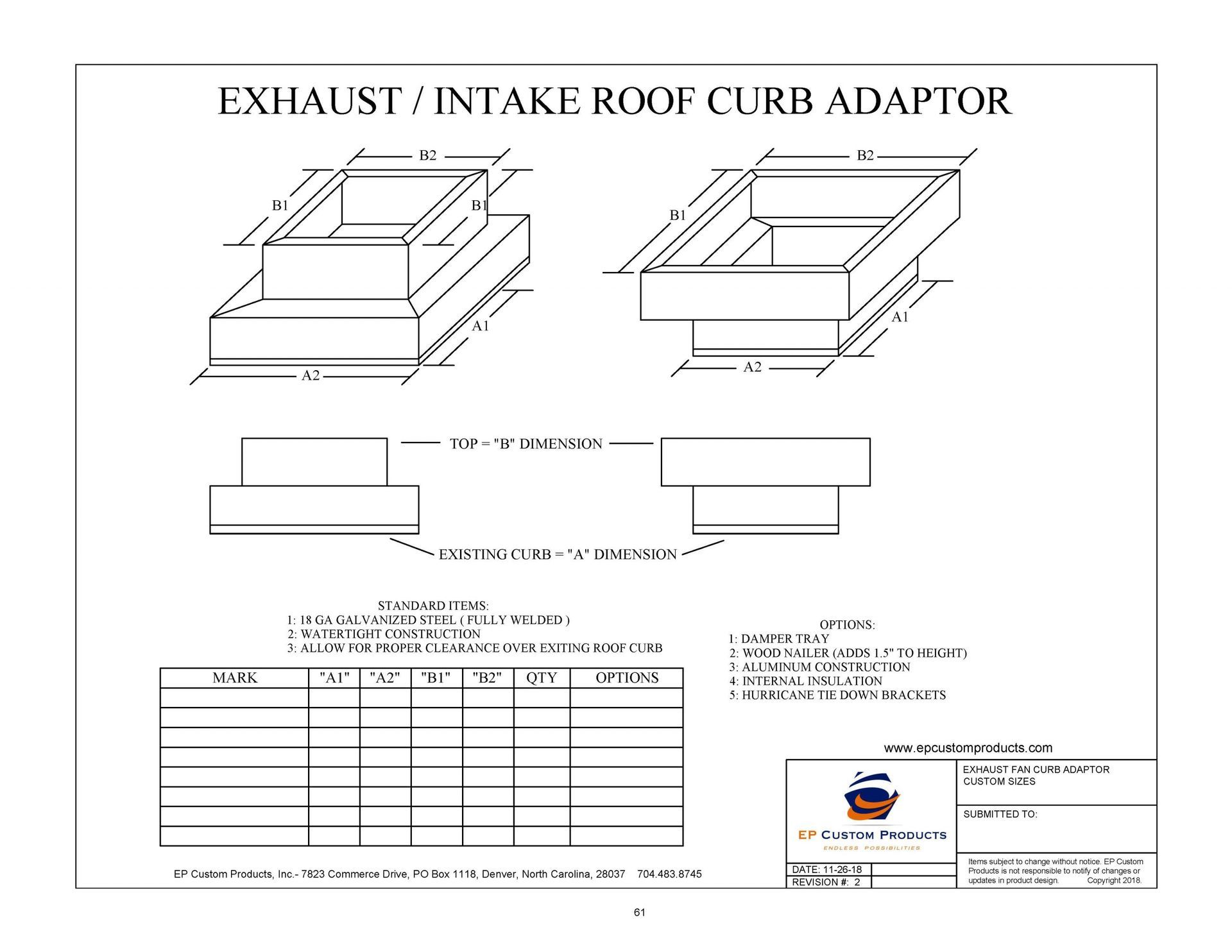 A drawing of an exhaust / intake roof curb adaptor.