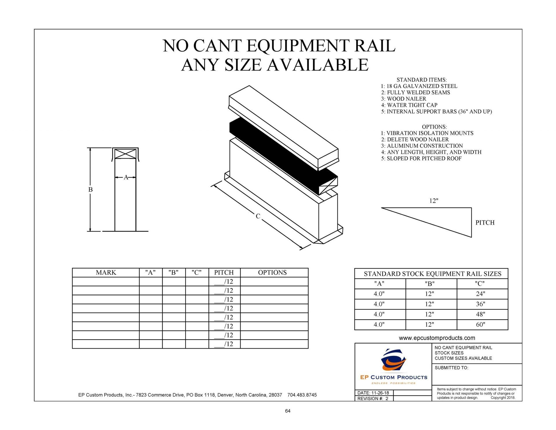 A black and white drawing of a no cant equipment rail any size available.