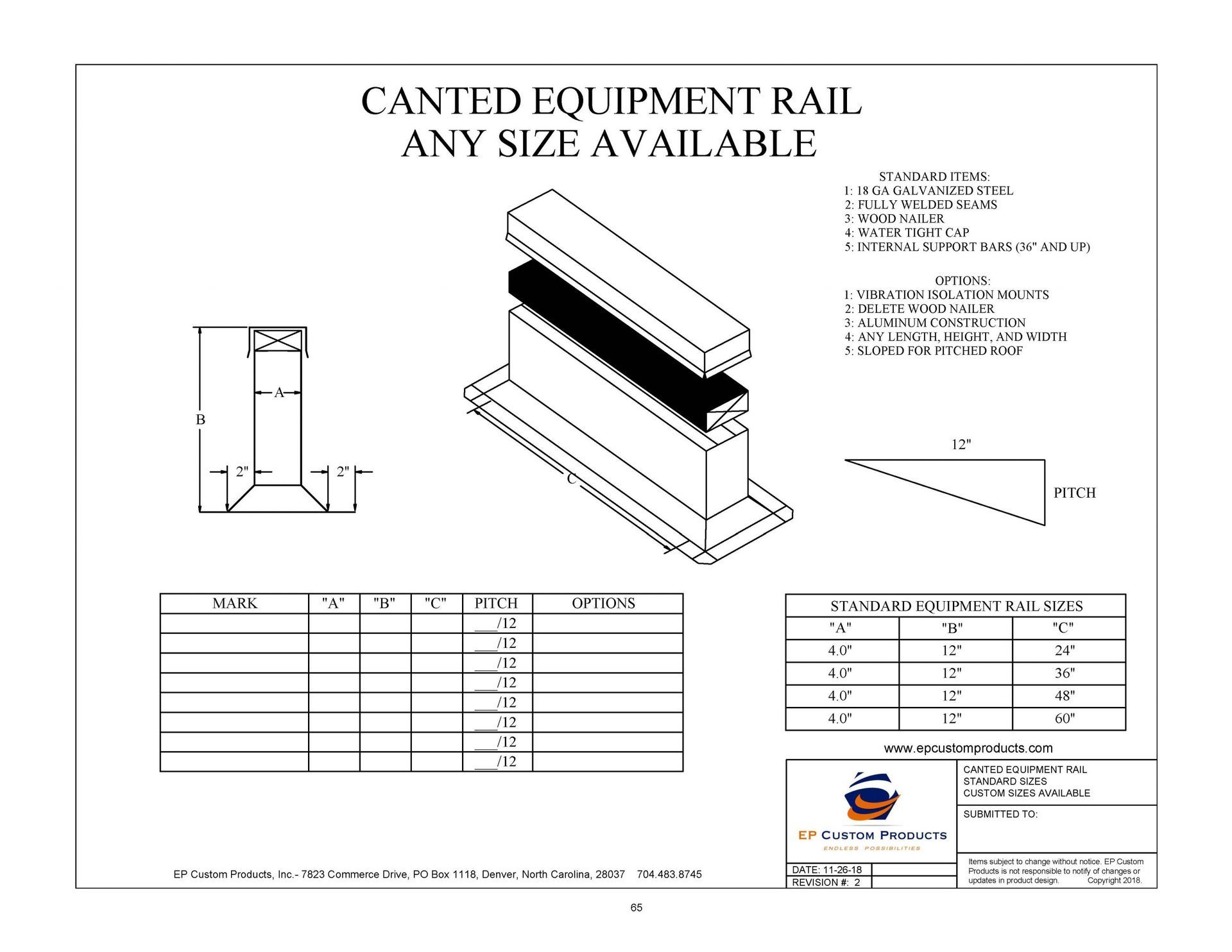 A black and white drawing of a canted equipment rail any size available.