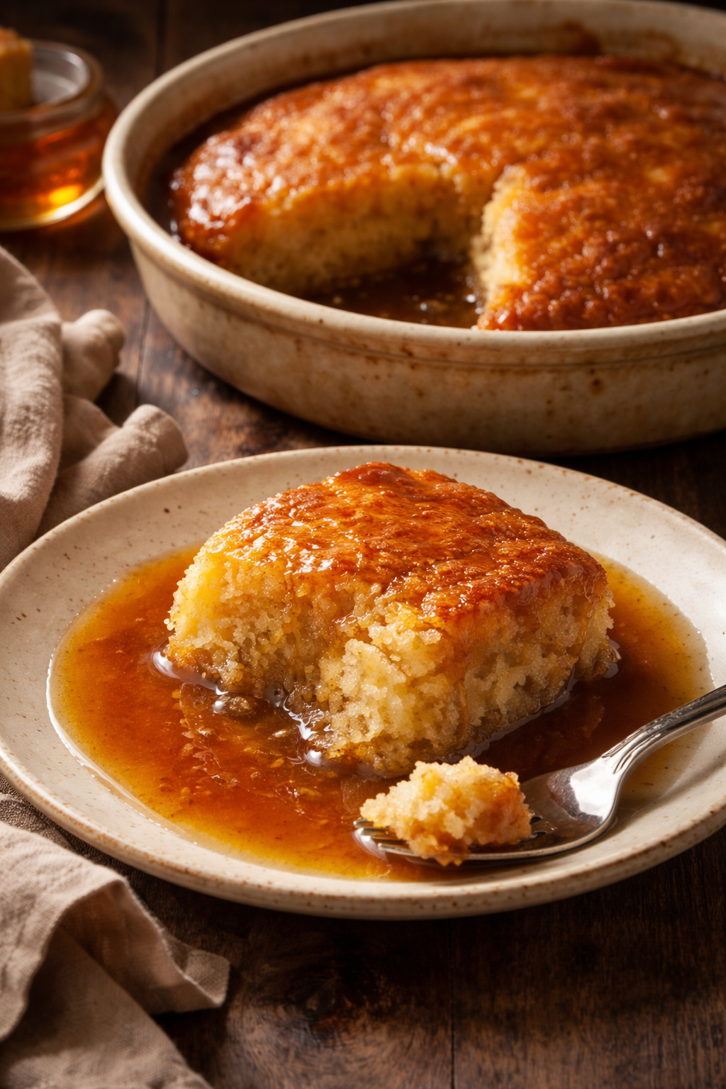 Golden sticky toffee pudding on plate, spoon lifting a bite. Pudding in baking dish in background.