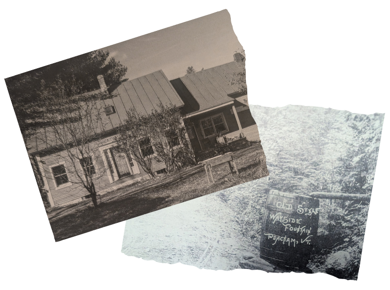 Black and white photos of a house and a handwritten sign. House has a sloping roof, the sign may advertise a business.