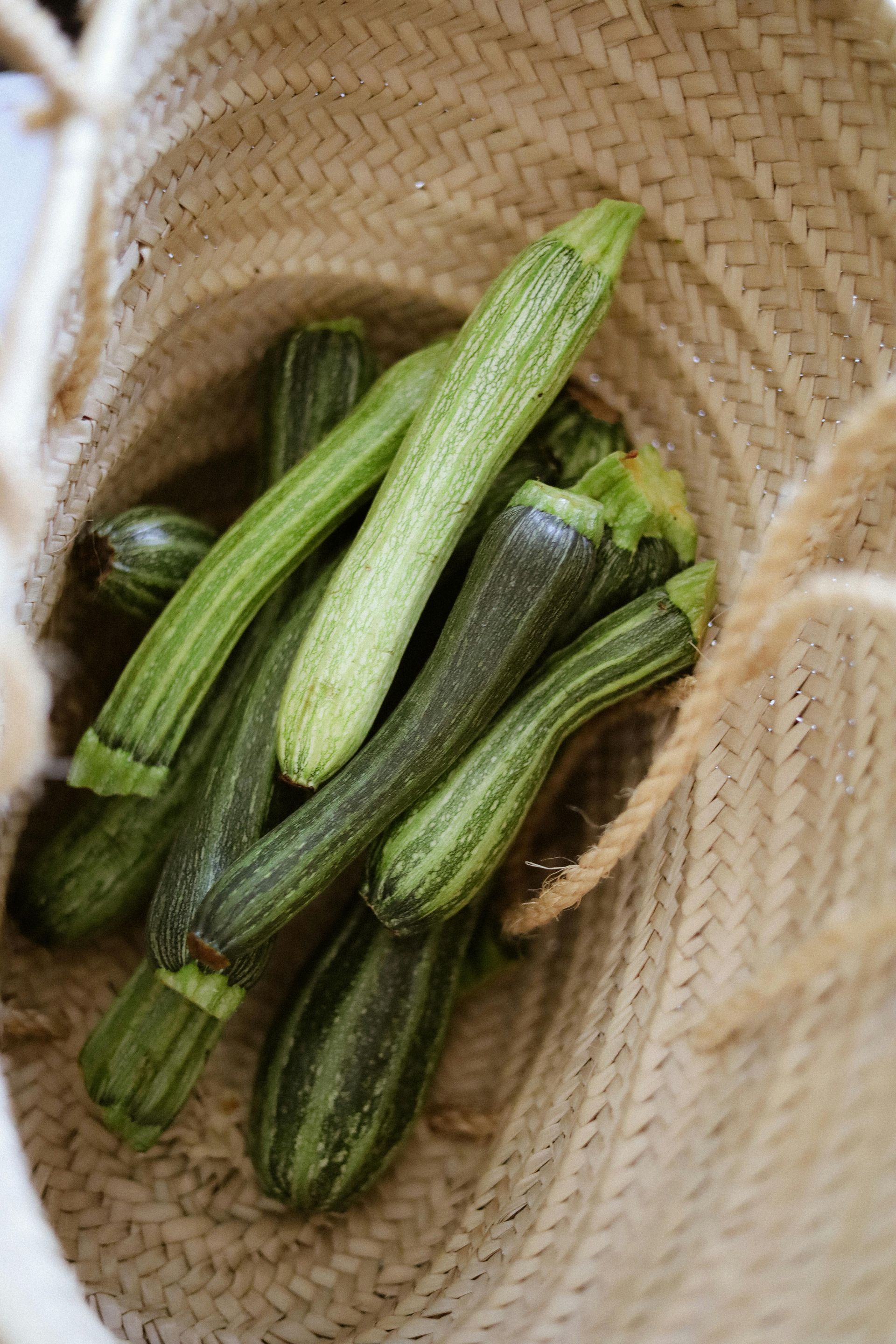 Zucchinis in a woven basket, various shades of green, natural light.
