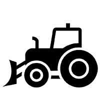 A black and white icon of a tractor with a plow attached to it.