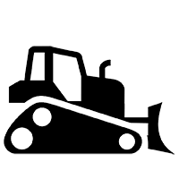 A black and white silhouette of a bulldozer on a white background.