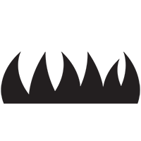 A black and white silhouette of a flame on a white background.