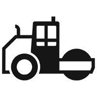A black and white icon of a road roller on a white background.