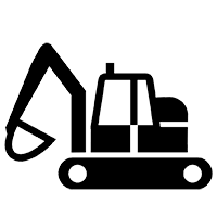 A black and white silhouette of an excavator on a white background.