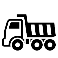 A black and white icon of a dump truck on a white background.