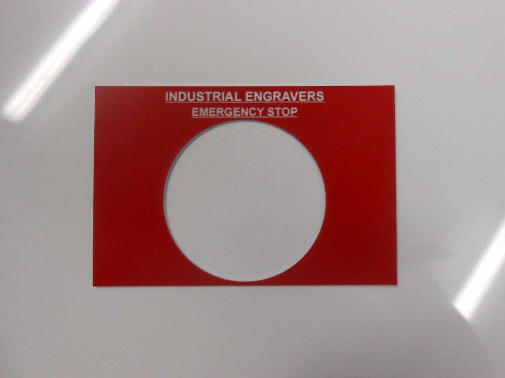 A Red Sign That Says Industrial Engravers Emergency Stop — Total Engraving In Sandgate, NSW
