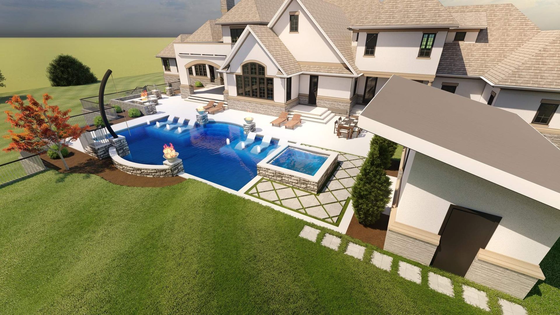 Backyard pool with fire feature