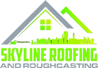 Logo for Skyline Roofing, featuring a house outline and a green skyline with green text.