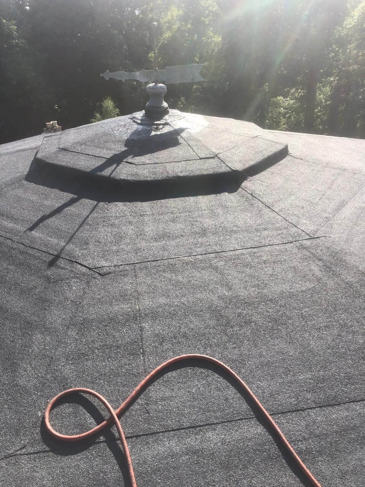 Black, hexagonal roof with a vent, surrounded by trees. An orange cord lies in the foreground.