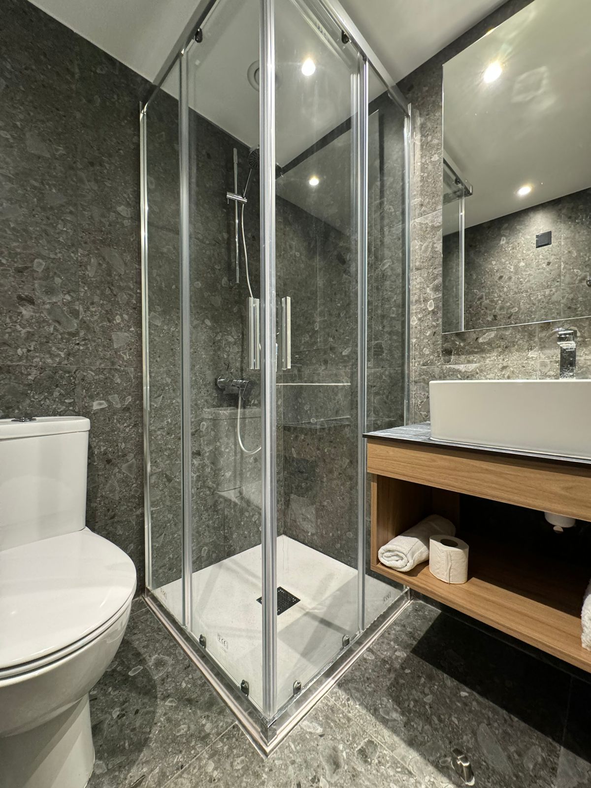 A bathroom with a toilet , sink , shower and mirror.