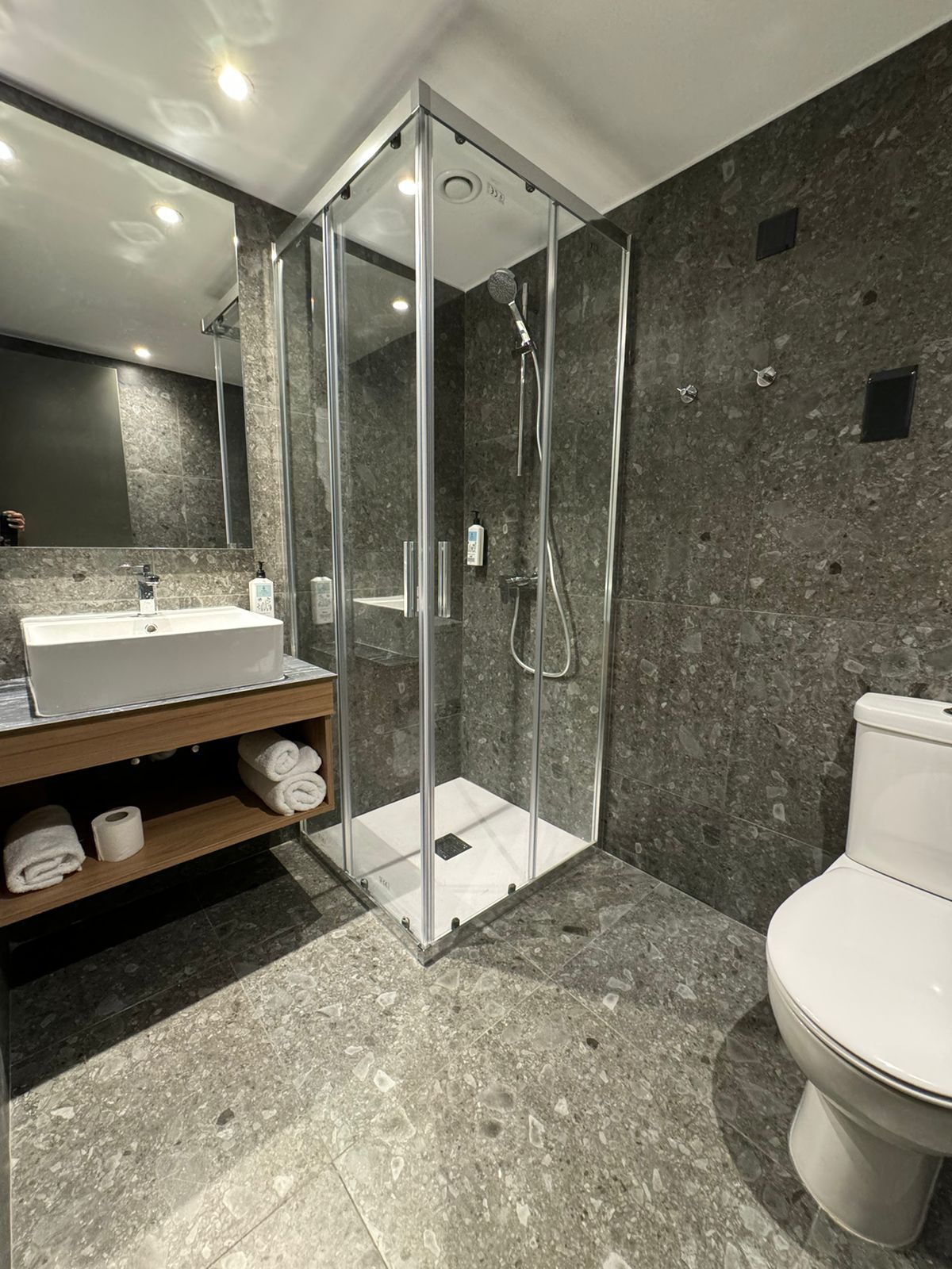 Modern bathroom with a corner shower, toilet, and sink. Gray granite tile covers the floor and walls.