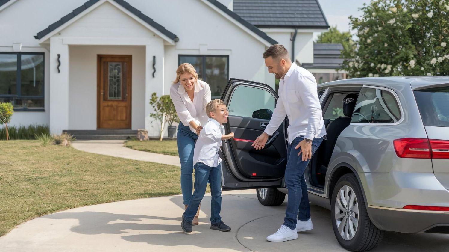 Family loading a child into a silver SUV in front of a white house with a brown door.