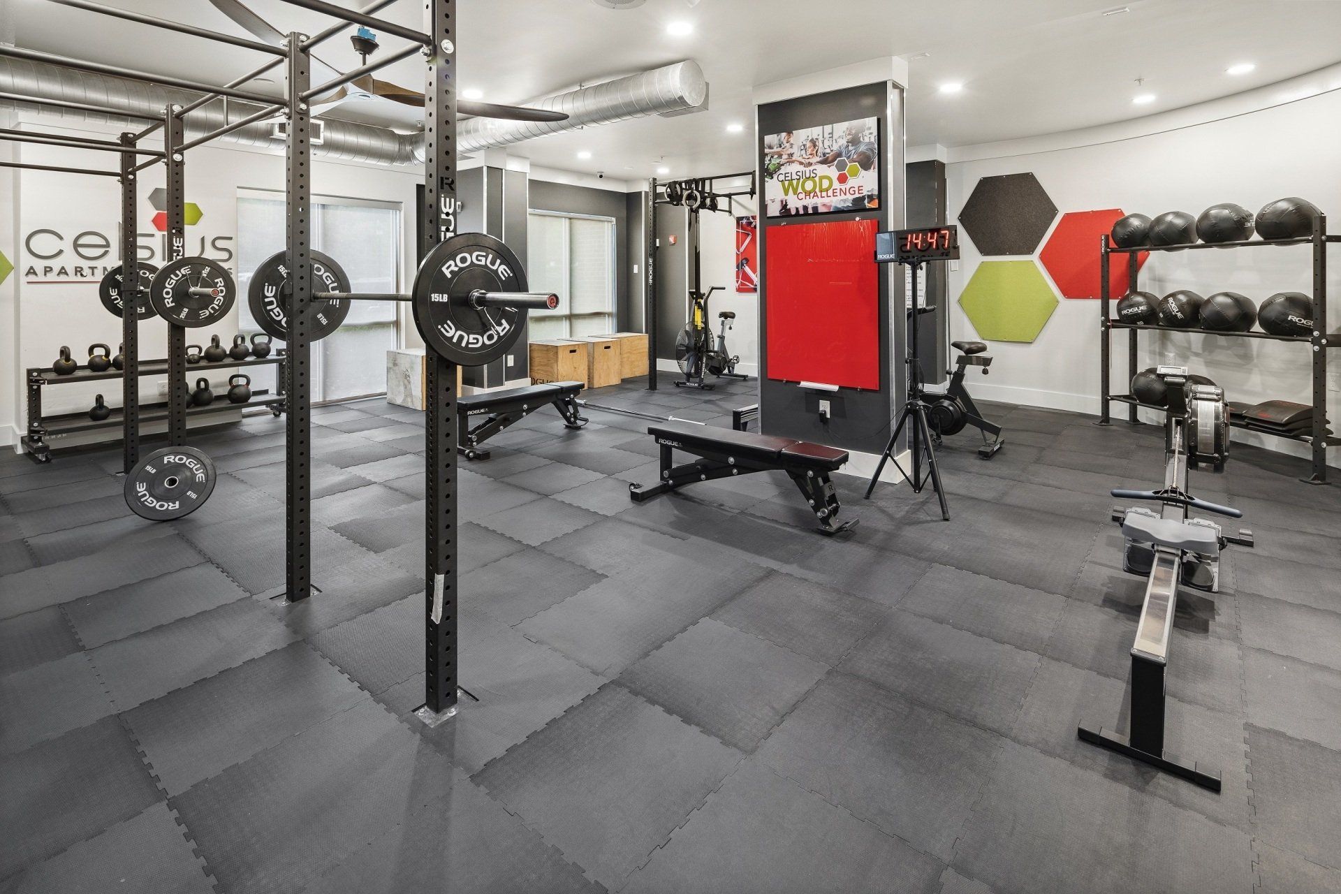 A large gym filled with lots of exercise equipment.