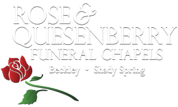 Rose Quisenberry Funeral Chapels logo with red rose and green stem, Beckley and Shady Spring text