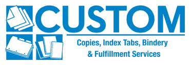 A blue and white logo for custom copies index tabs bindery and fulfillment services