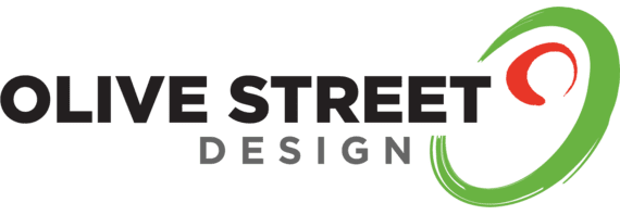 A logo for olive street design with a green and red circle