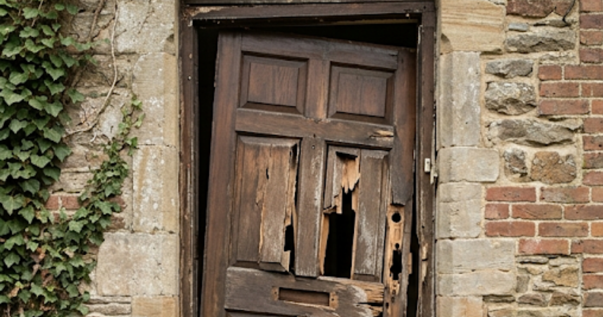 A weathered, broken wooden door set in a stone and brick wall partially covered with ivy.